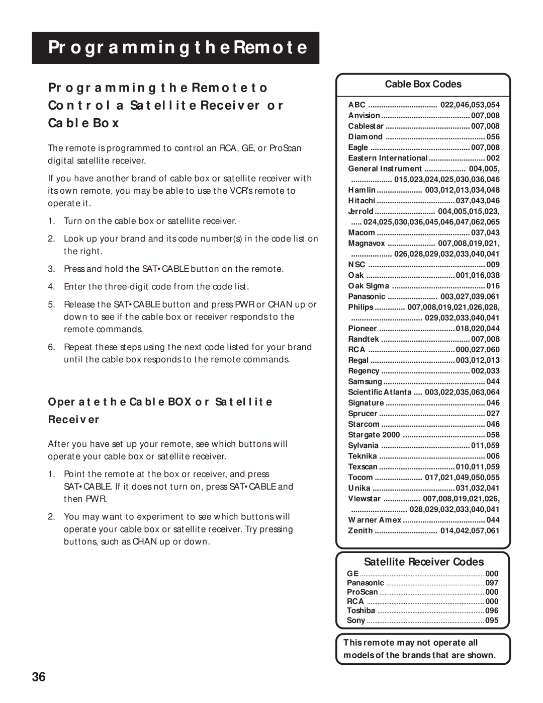 RCA VR616HF manual Operate the Cable BOX or Satellite Receiver, Cable Box Codes, Satellite Receiver Codes 