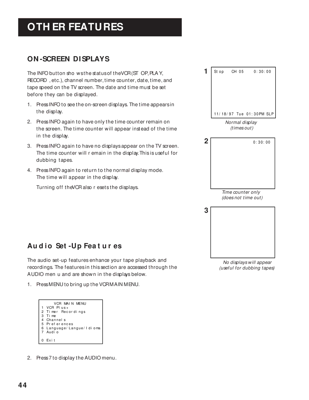 RCA VR616HF manual ON-SCREEN Displays, Audio SET-UP Features 