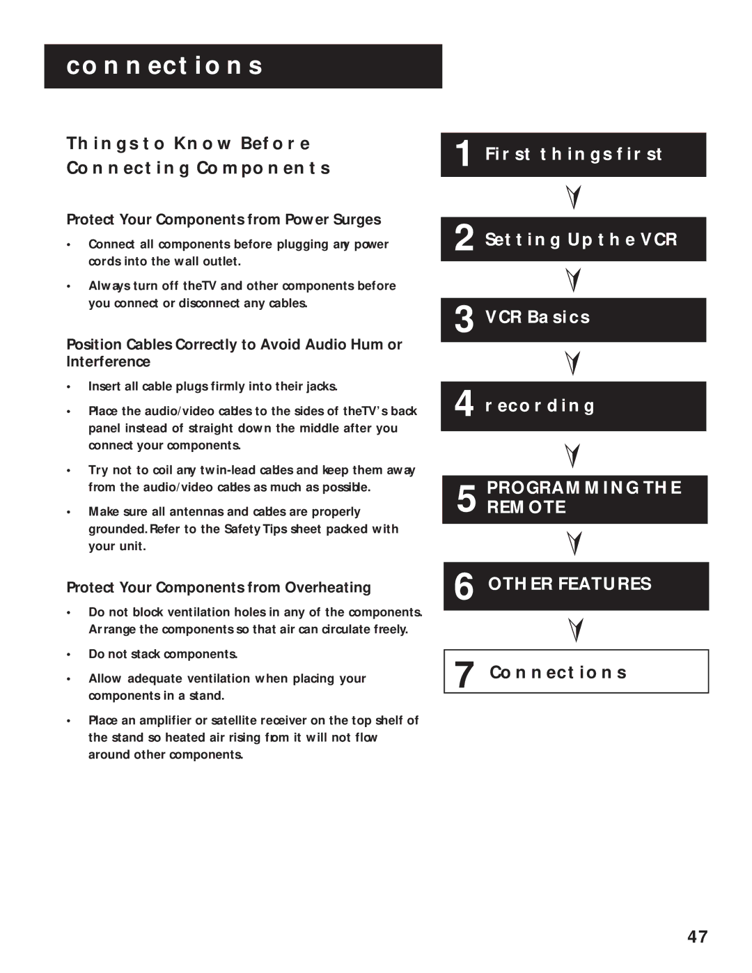 RCA VR616HF manual Connections, Things to Know Before Connecting Components, Protect Your Components from Power Surges 