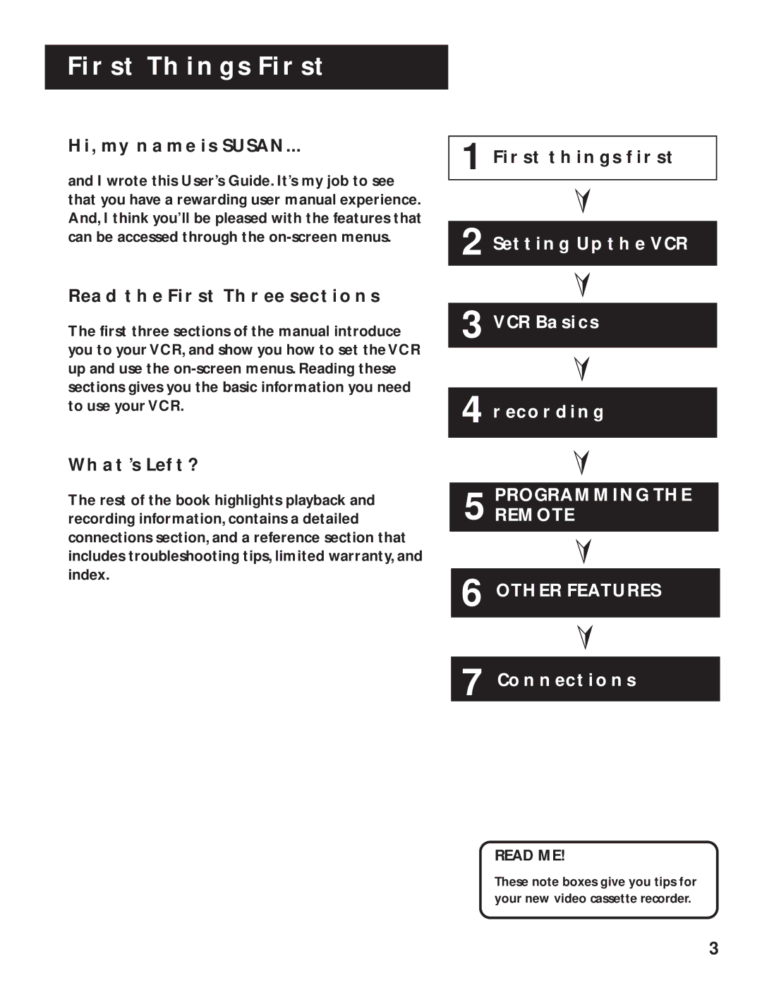 RCA VR616HF manual First Things First, HI, MY Name is Susan Read the First Three Sections, What’S Left?, Read ME 