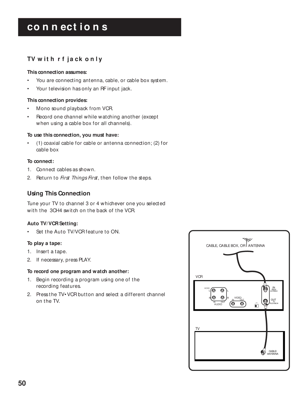 RCA VR616HF manual TV with RF Jack only, Using This Connection 