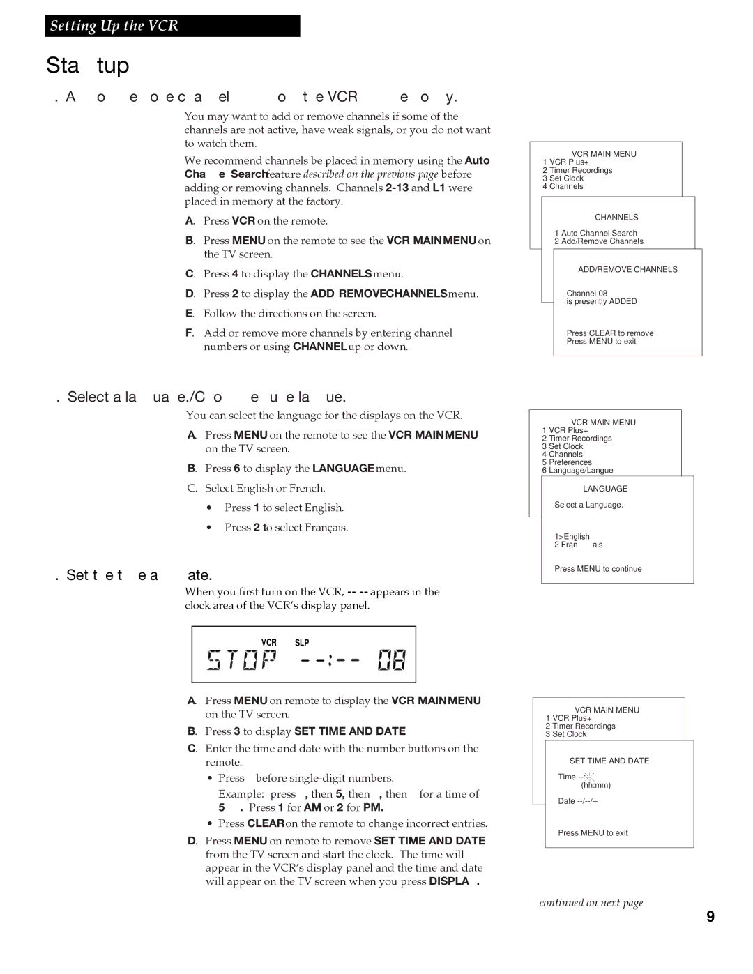 RCA VR618HF Add or remove channels from the VCR’s memory, Select a language./Choisissez une langue, Set the time and date 