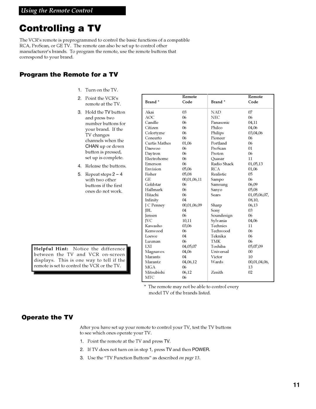 RCA VR618HF manual Controlling a TV, Program the Remote for a TV, Operate the TV 