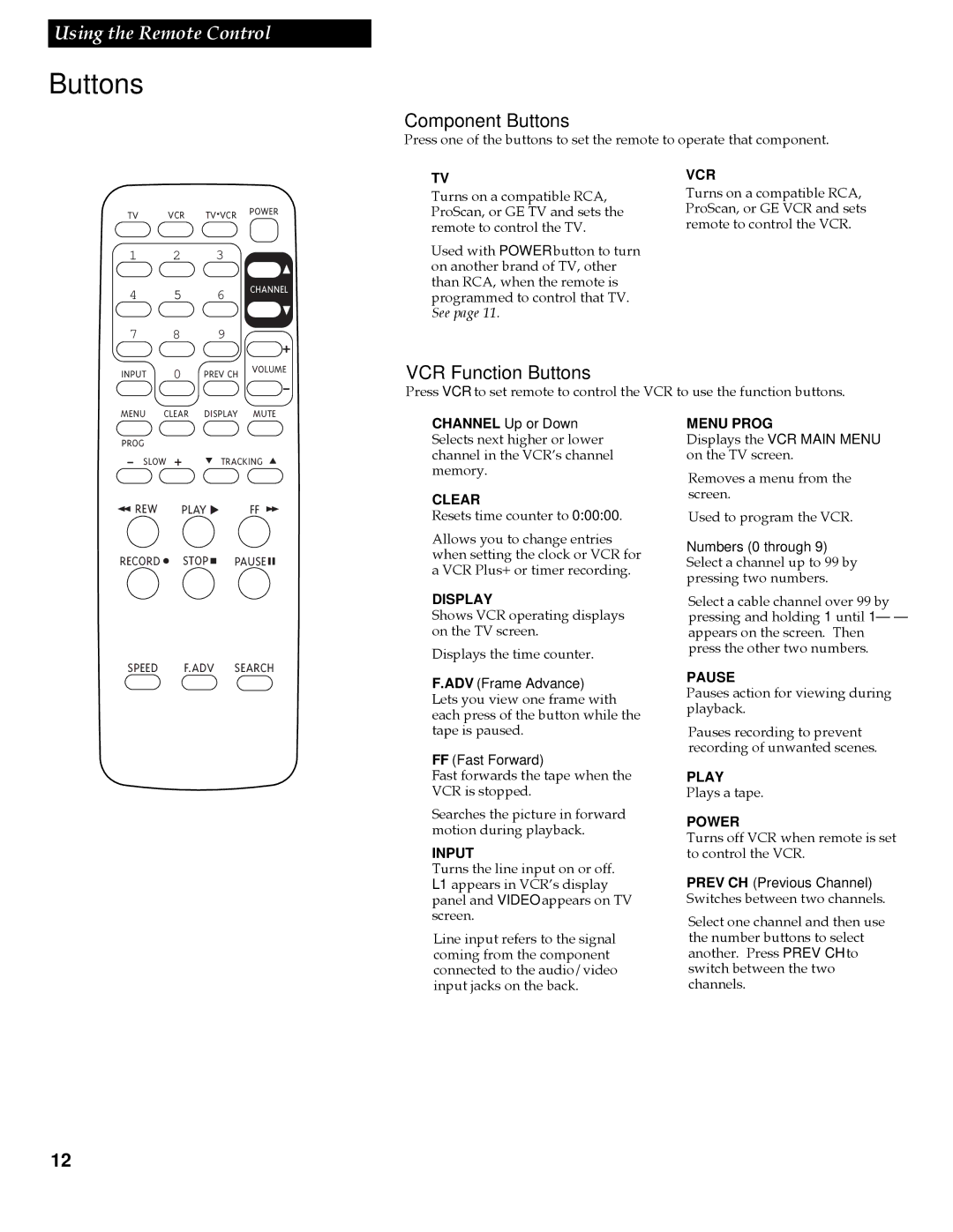 RCA VR618HF manual Component Buttons, VCR Function Buttons 