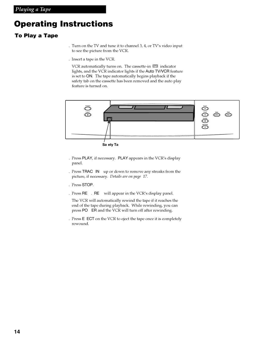 RCA VR618HF manual Operating Instructions, To Play a Tape 