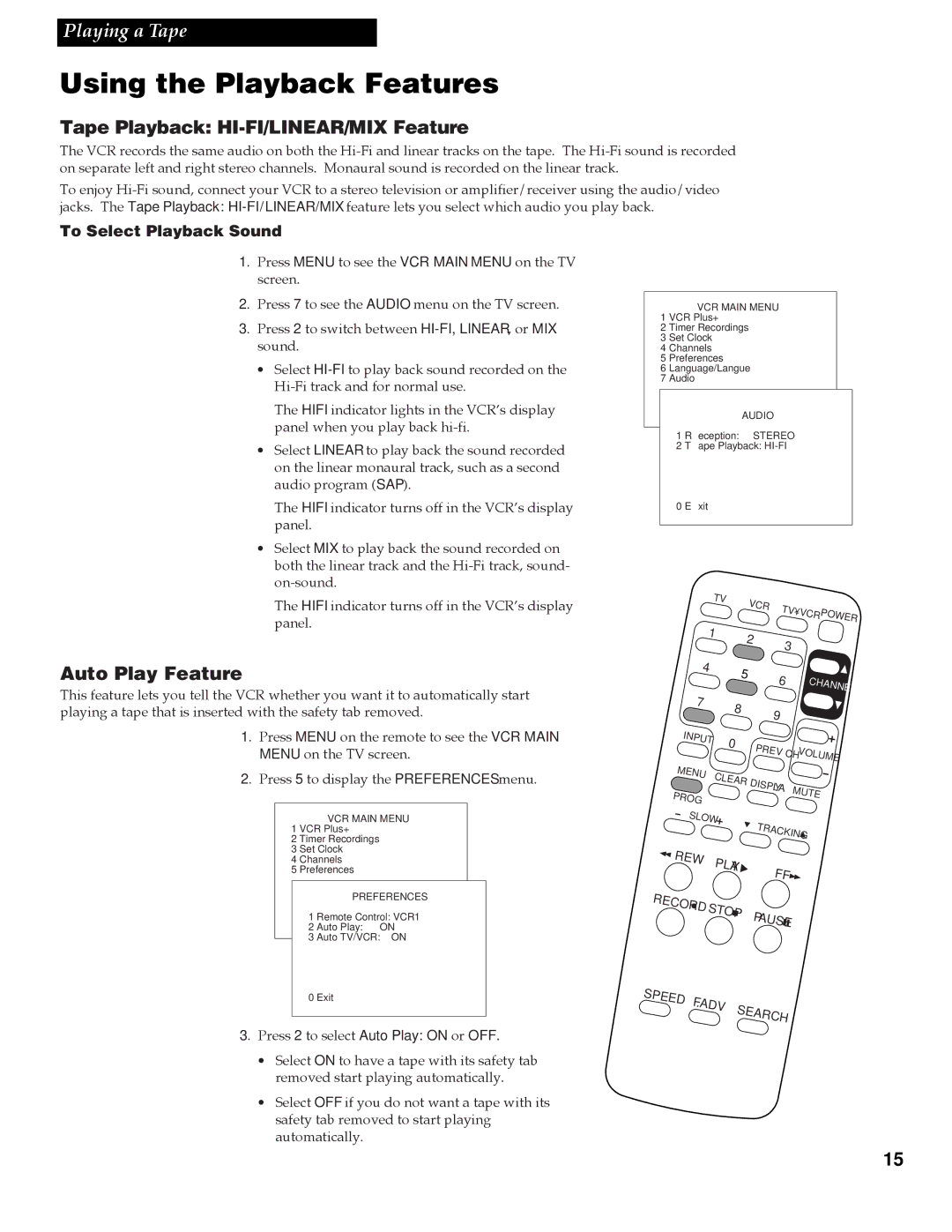 RCA VR618HF manual Using the Playback Features, Tape Playback HI-FI/LINEAR/MIX Feature, Auto Play Feature 