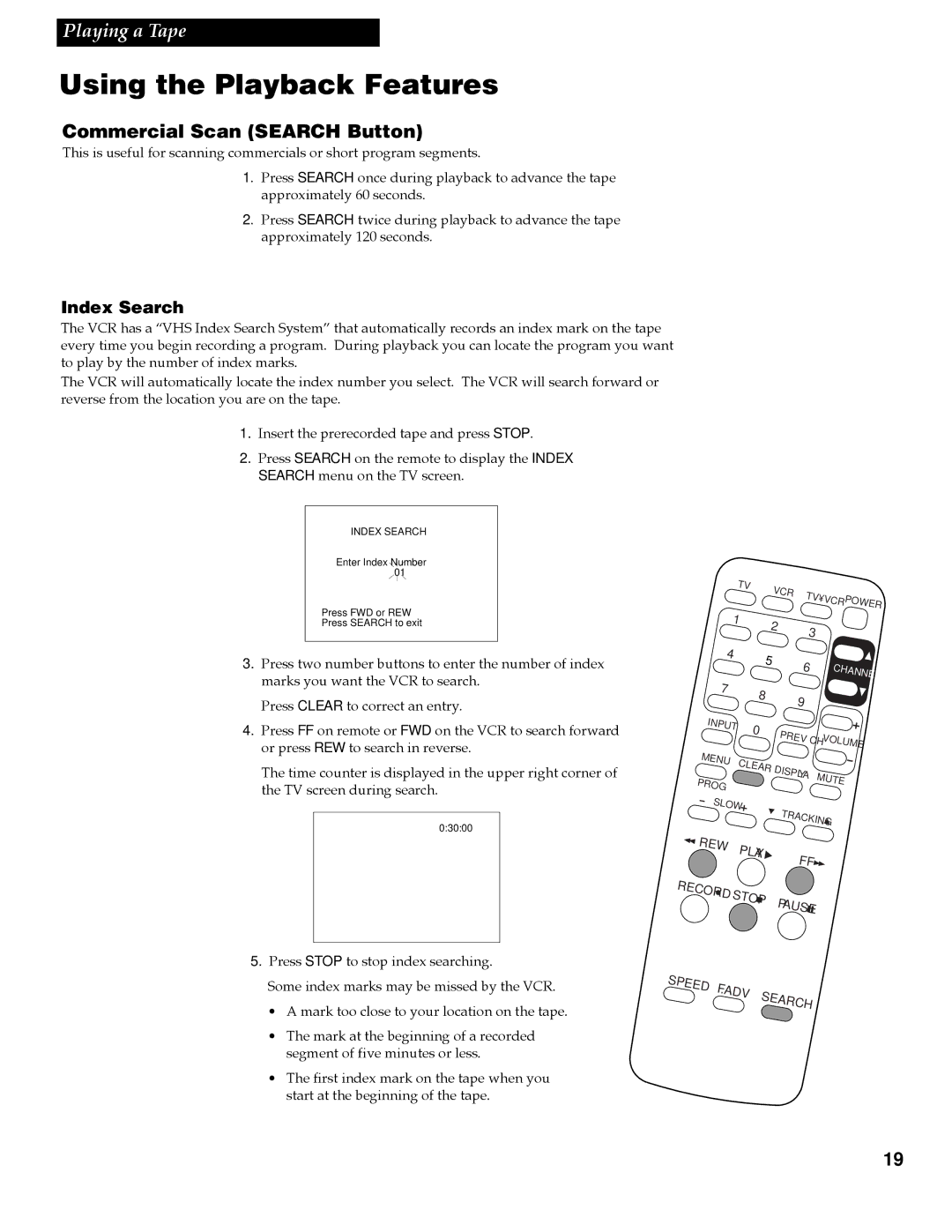 RCA VR618HF manual Commercial Scan Search Button, Index Search 