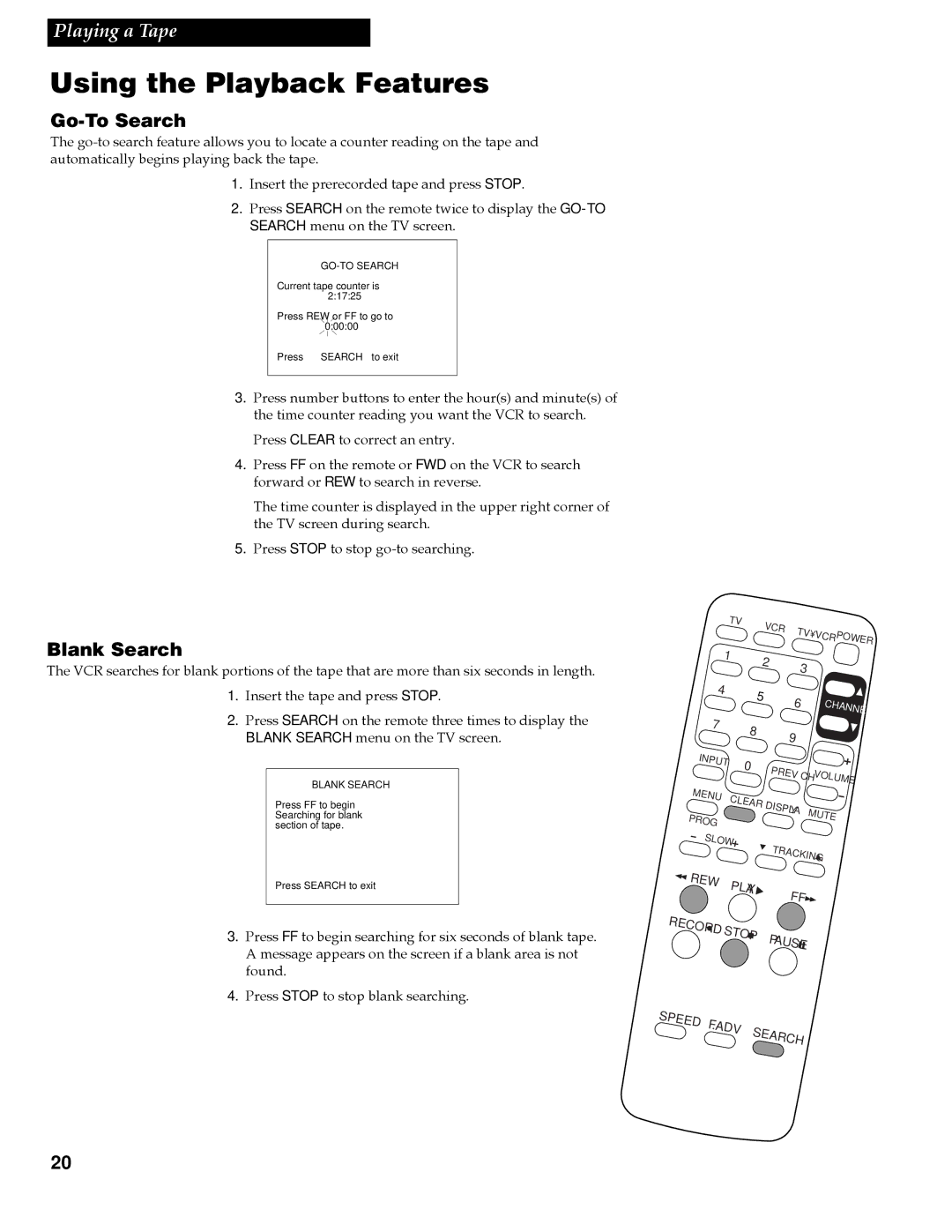 RCA VR618HF manual Go-To Search, Blank Search 