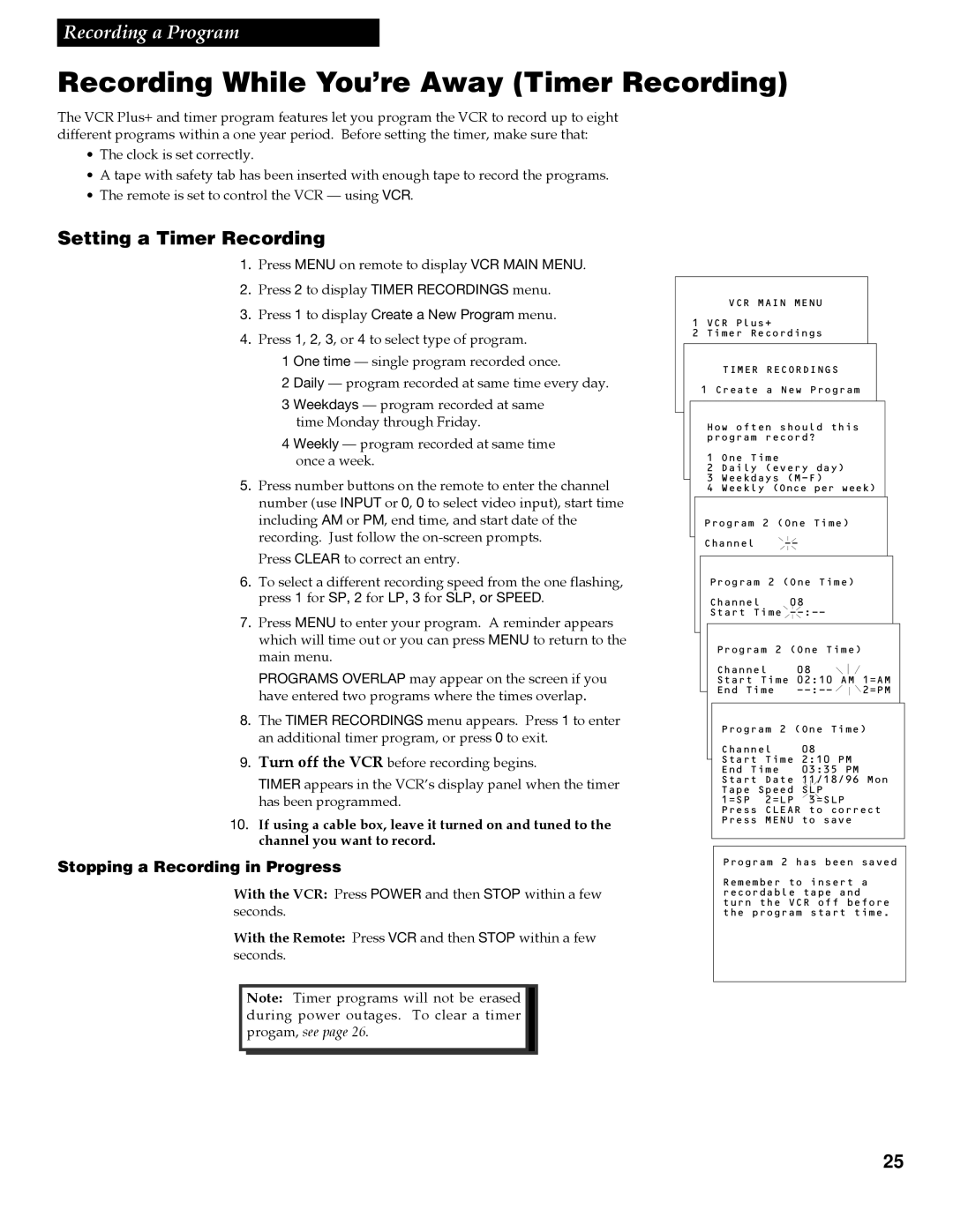 RCA VR618HF manual Recording While You’re Away Timer Recording, Setting a Timer Recording 