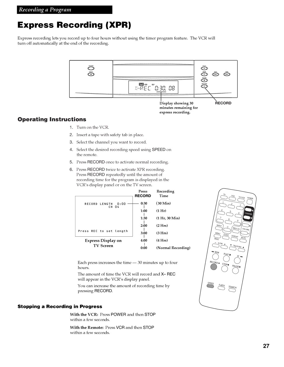 RCA VR618HF manual Express Recording XPR, Operating Instructions, Express Display on TV Screen 