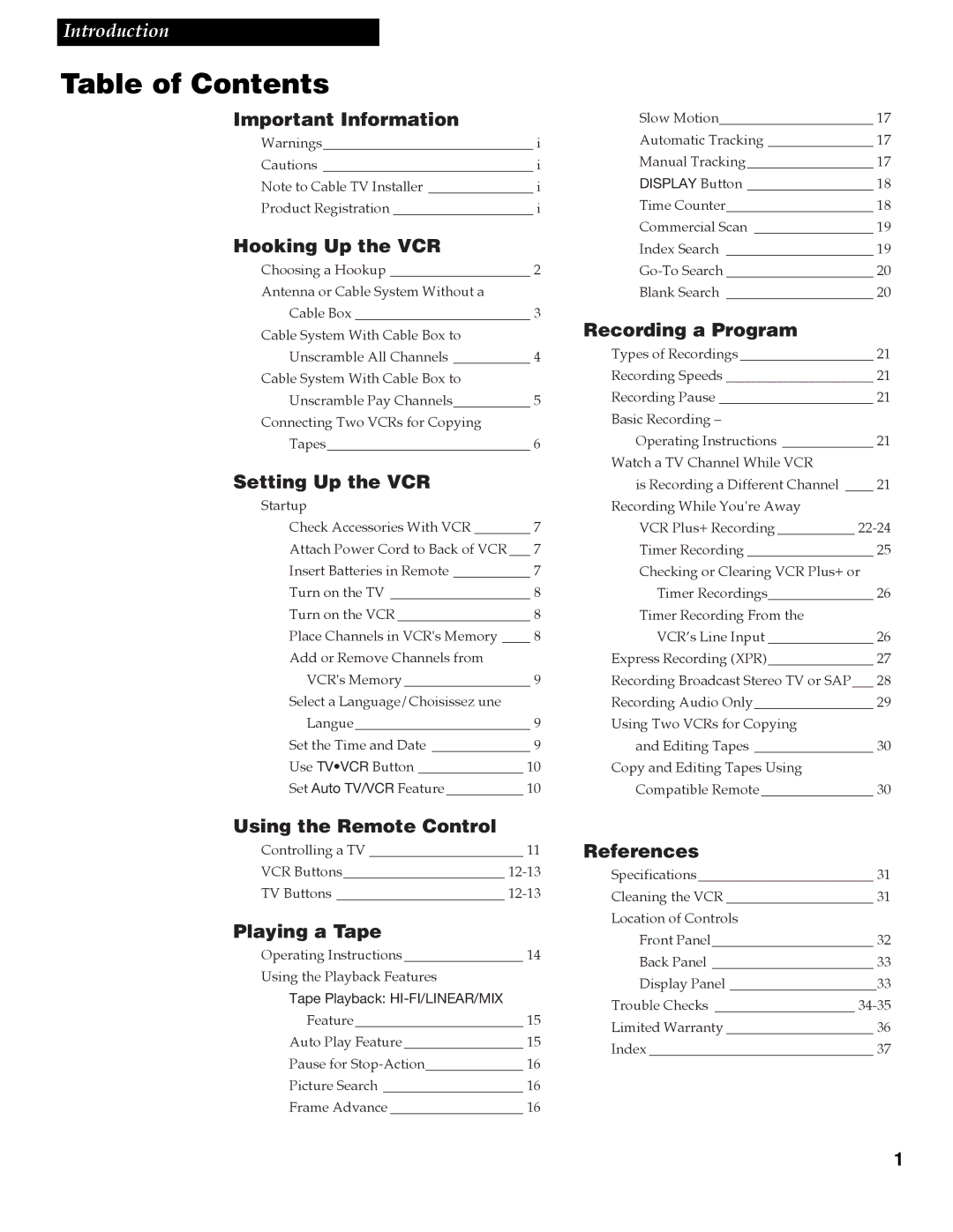 RCA VR618HF manual Table of Contents 