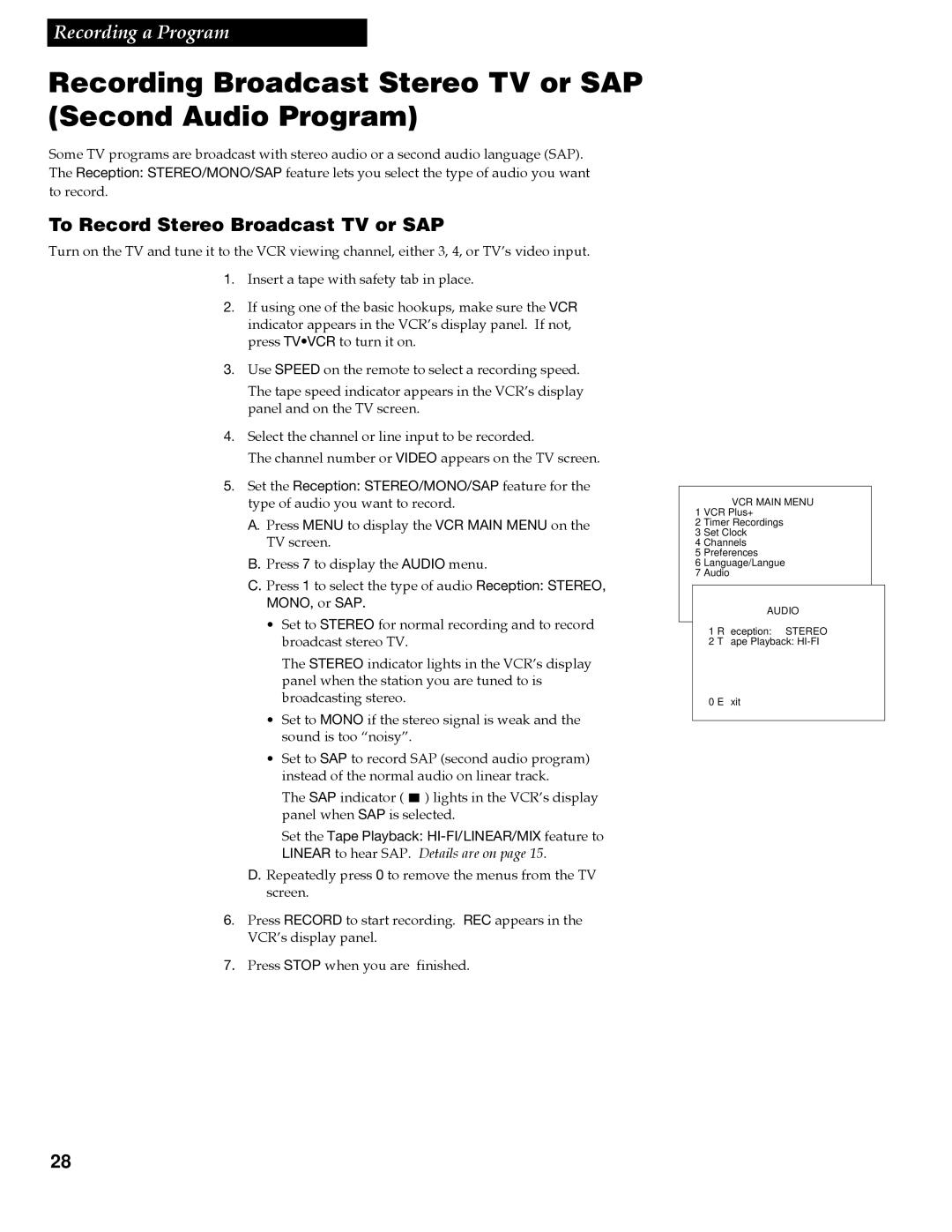 RCA VR618HF manual Recording Broadcast Stereo TV or SAP Second Audio Program, To Record Stereo Broadcast TV or SAP 