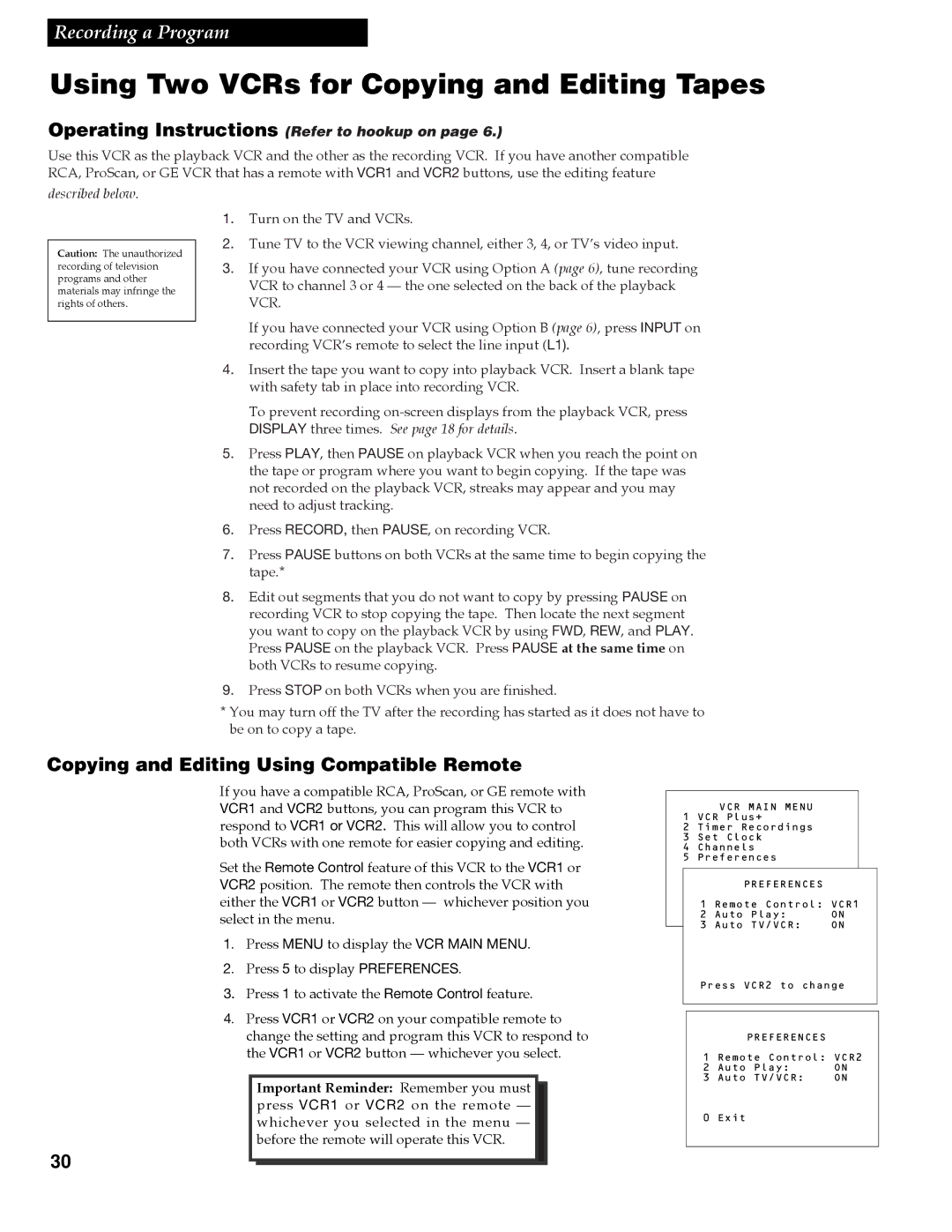 RCA VR618HF manual Using Two VCRs for Copying and Editing Tapes, Copying and Editing Using Compatible Remote 