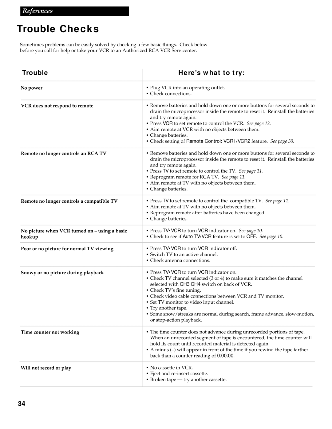 RCA VR618HF manual Trouble Checks, Trouble Heres what to try 