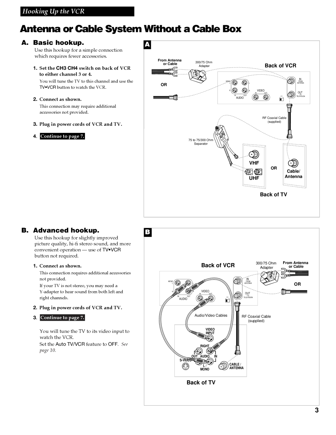 RCA VR618HF manual Antenna or Cable System Without a Cable Box, Basic hookup, Advanced hookup 