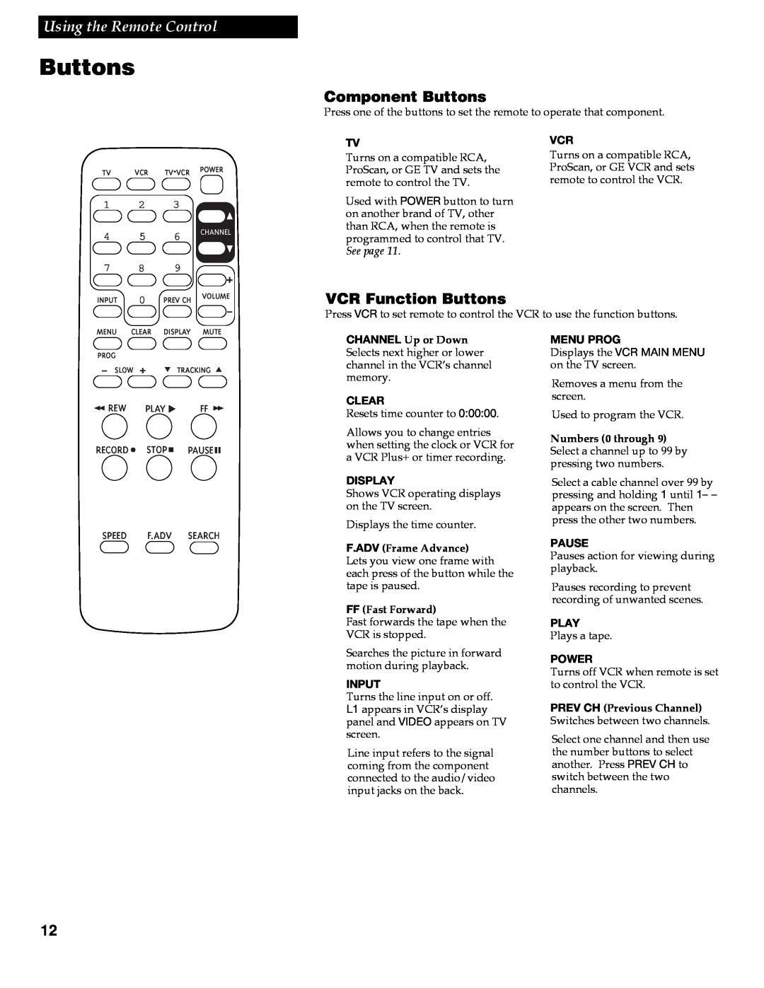 RCA VR618HF Component Buttons, VCR Function Buttons, Using the Remote Control, Clear, Display, FFFast Forward, Input 