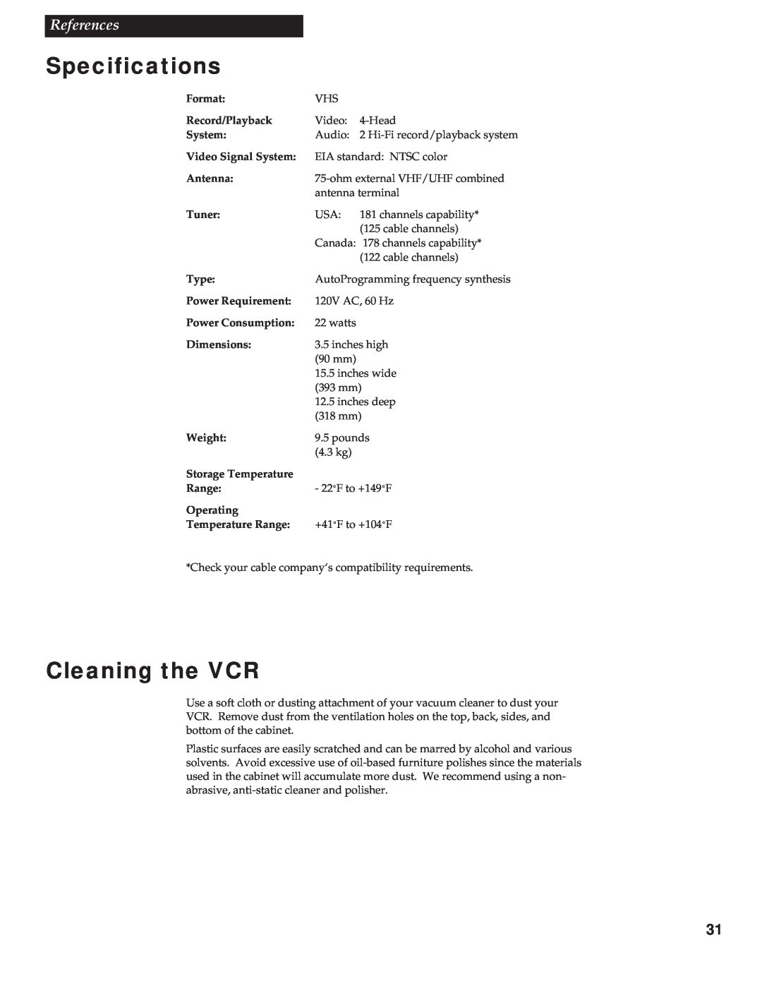 RCA VR618HF manual Specifications, Cleaning the VCR, References 