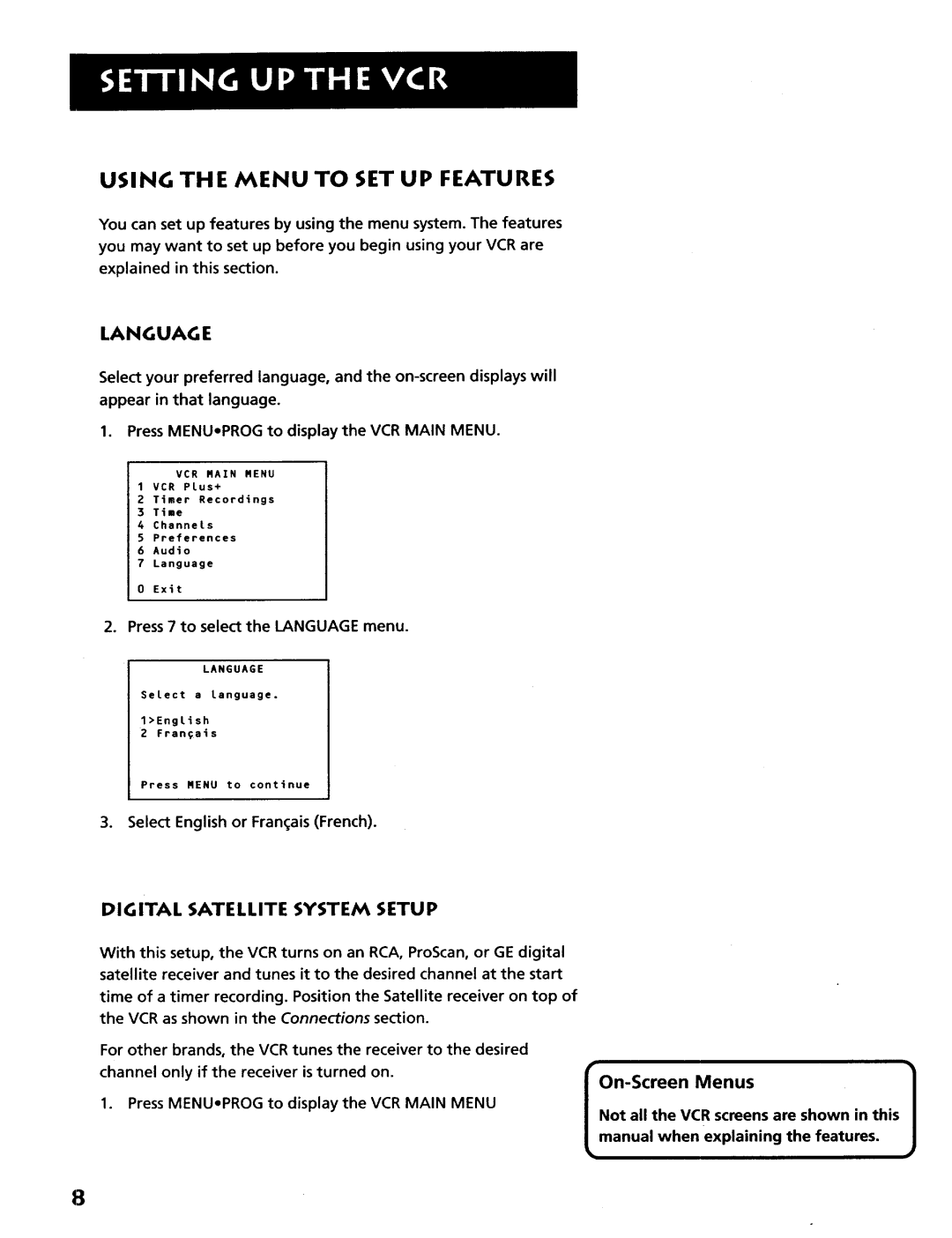 RCA VR628HF manual Using the Menu to SET UP Features, Language, G Ital Sate Llite System Setu P 