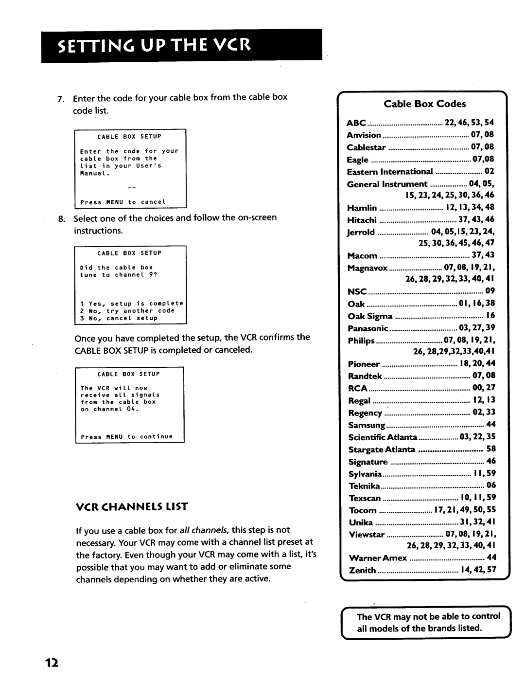 RCA VR628HF manual VCR Channels List 