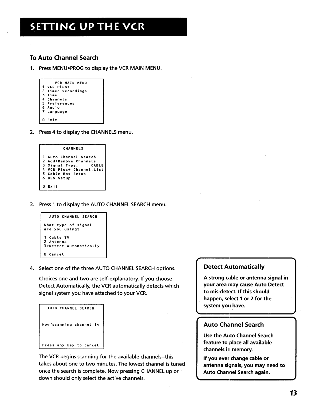 RCA VR628HF manual To Auto Channel Search, Detect Automatically 