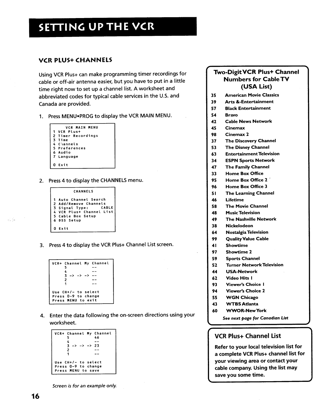 RCA VR628HF manual VCR PLUS+ Channels, VCR Plus+ Channel List, Two-DigitVCR Plus+ Channel Numbers for CableTV USA List 