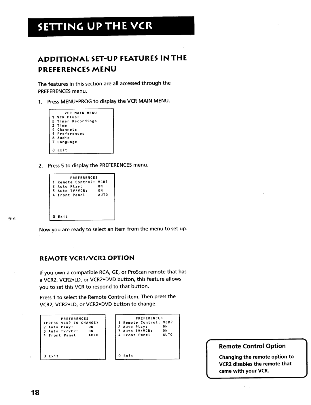 RCA VR628HF manual Additional SET-UP Features Preferences Menu, Remote VCR1/VCR2 Option 