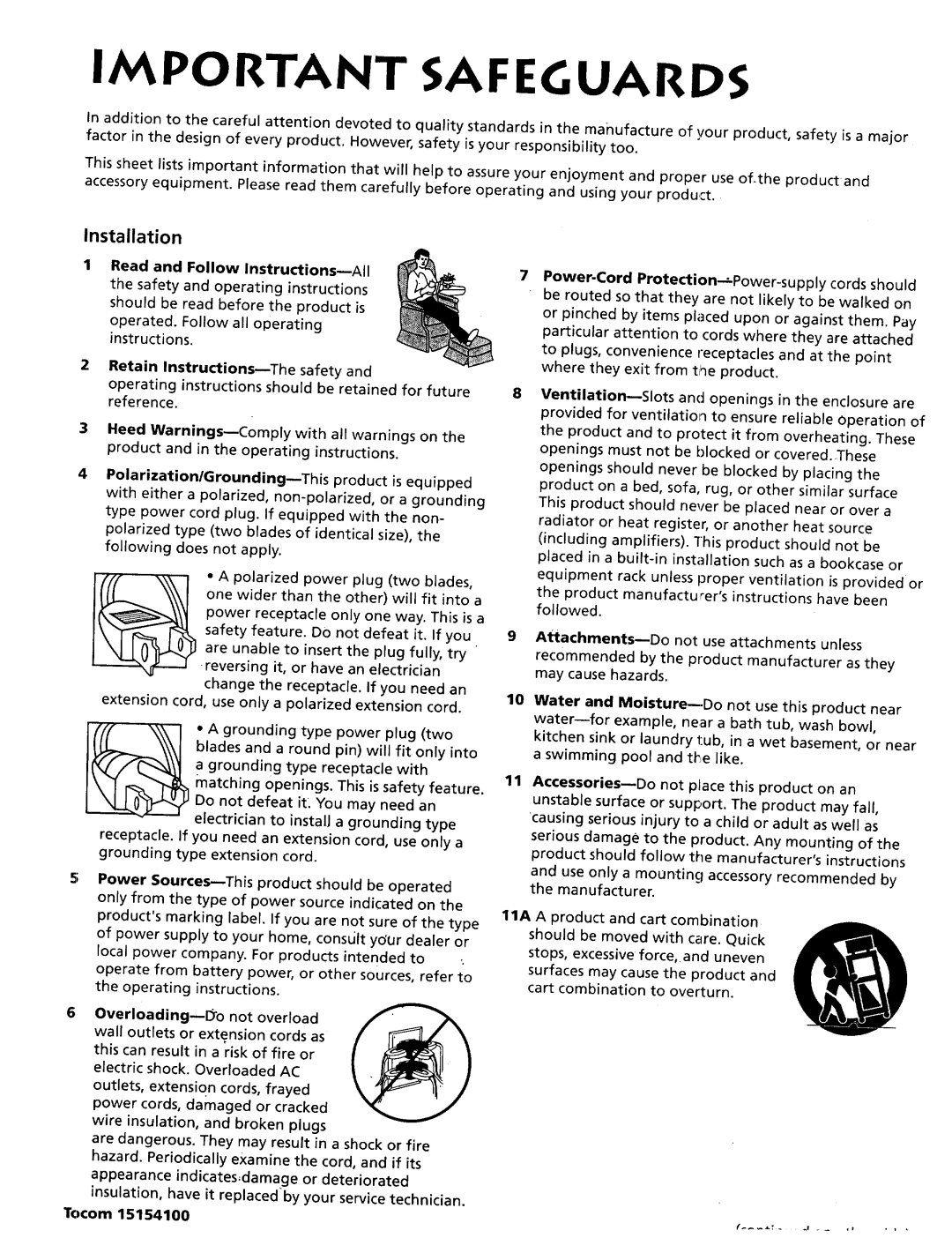 RCA VR628HF manual Important Safeguards, Installation 