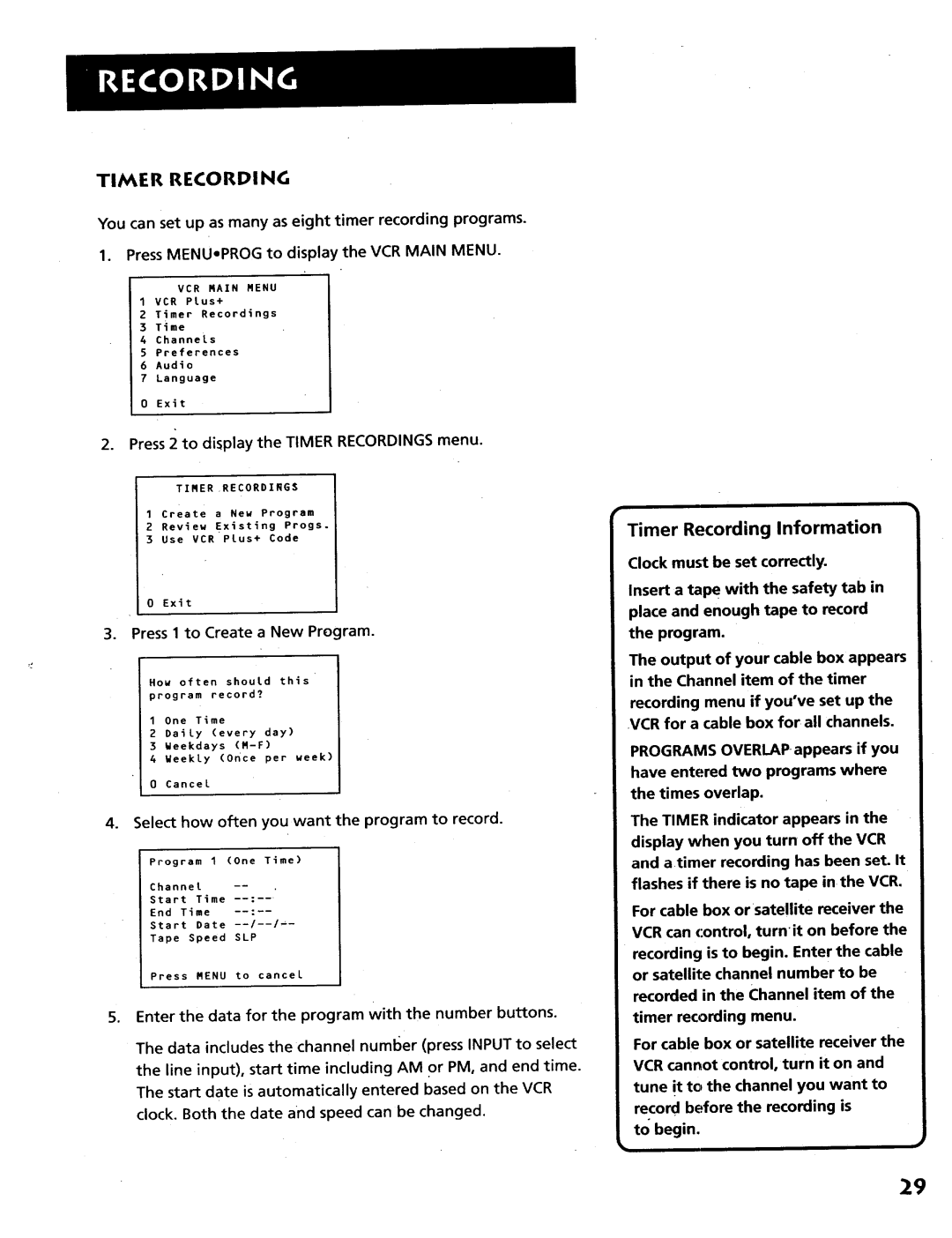 RCA VR628HF manual Timer Recording Information, Press 1 to Create a New Program 