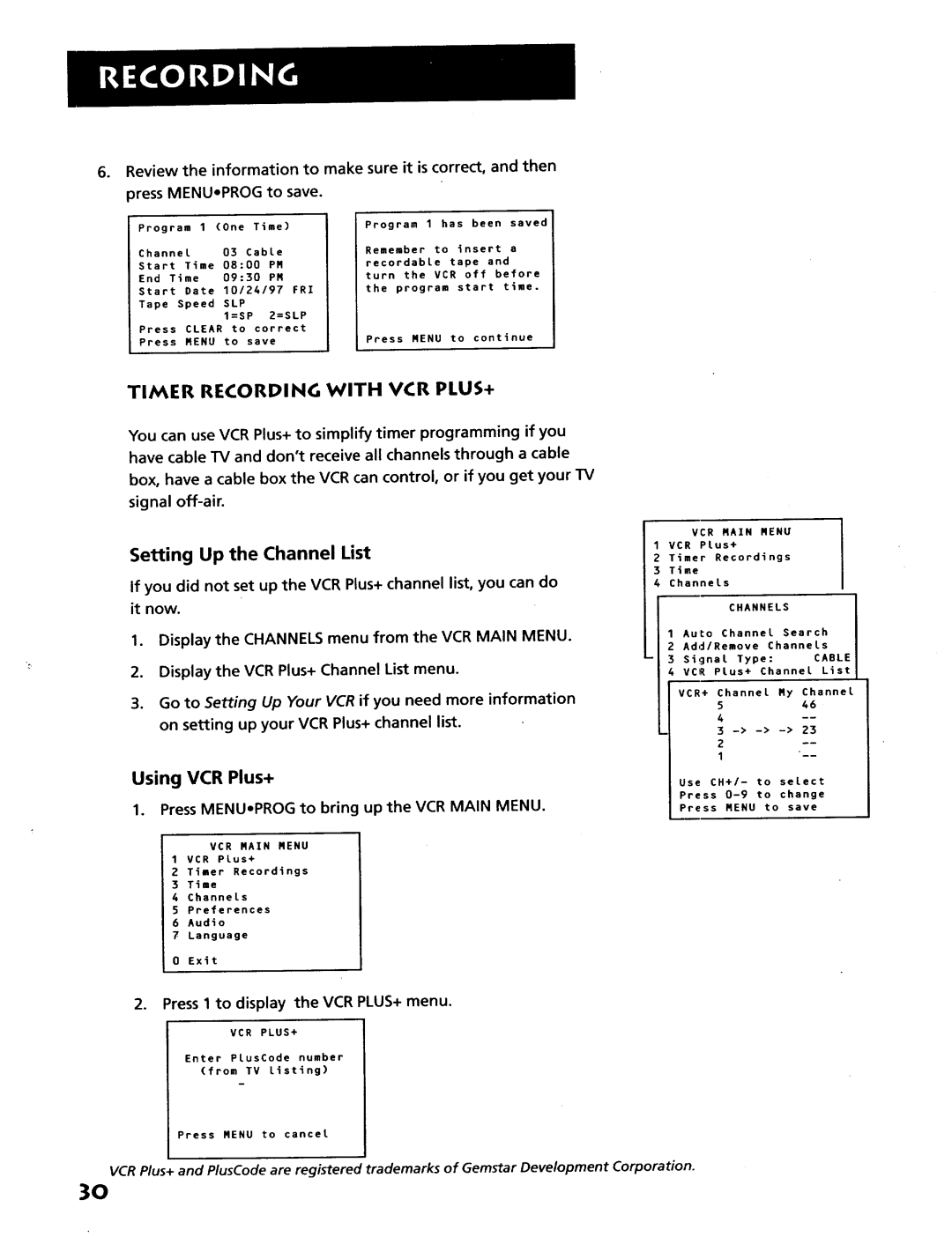 RCA VR628HF manual Timer Recording with VCR PLUS+, Using VCR Plus+, PressMENUaPROG to bring up the VCR Main Menu 