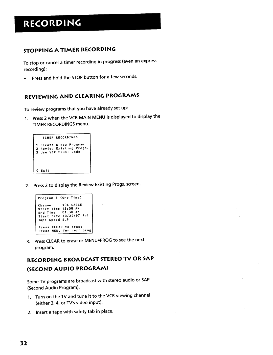 RCA VR628HF manual Stopping a Timer Recording, Reviewing and Clearing Programs 