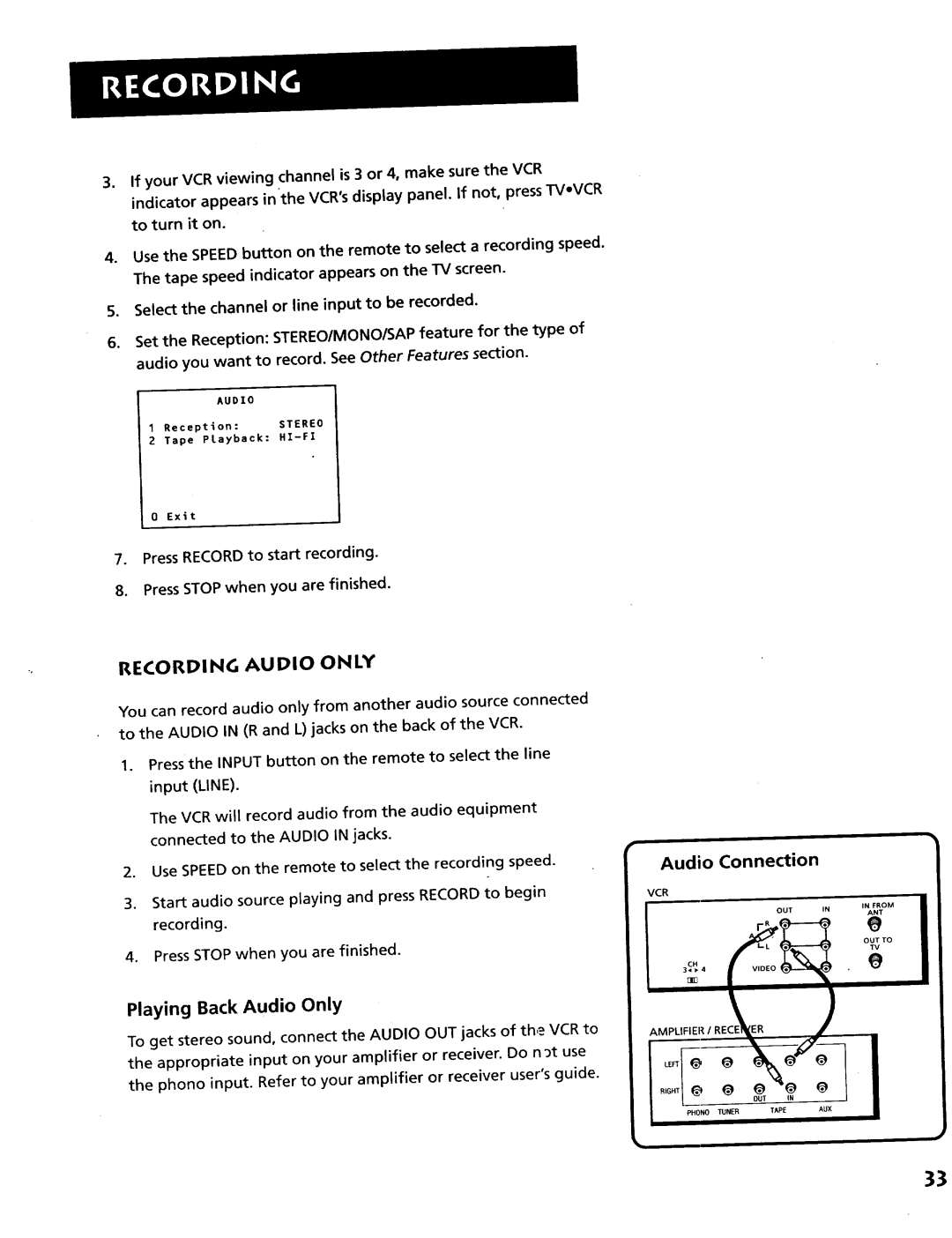 RCA VR628HF manual Recording Audio only, Playing Back Audio Only 