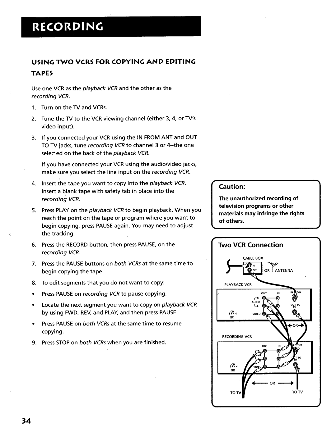 RCA VR628HF manual Using TWO Vcrs for Copying and Editing Tapes, Two VCR Connection 