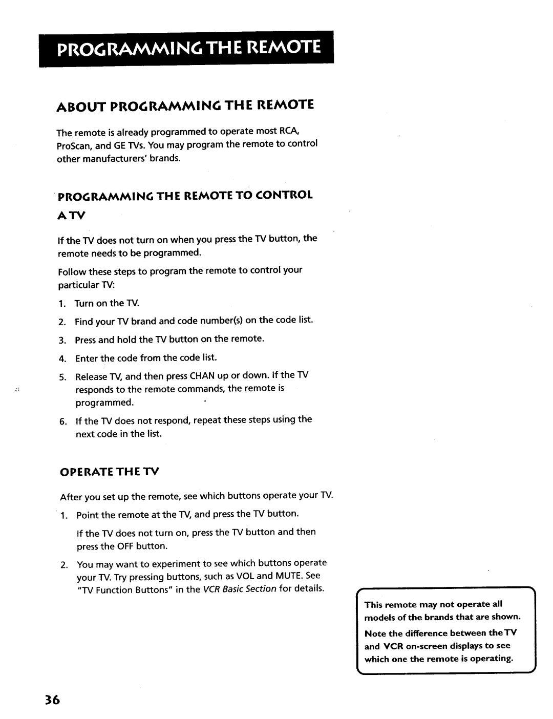 RCA VR628HF manual About Prog Rammi NG TH E Remote, Operate the TV 