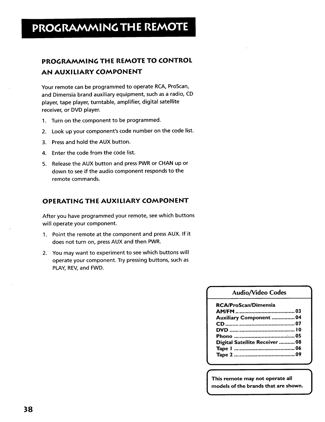 RCA VR628HF manual Programming TH E Remote to Control AN Auxi Liary Component, Operati NG TH E Auxi Liary Component 