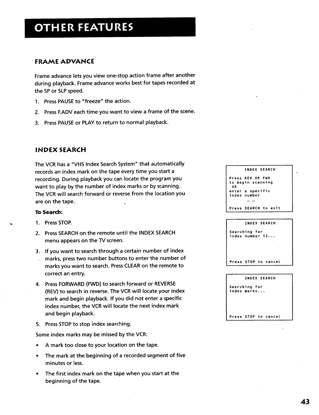 RCA VR628HF manual Frame Advance, Index Search, To Search 