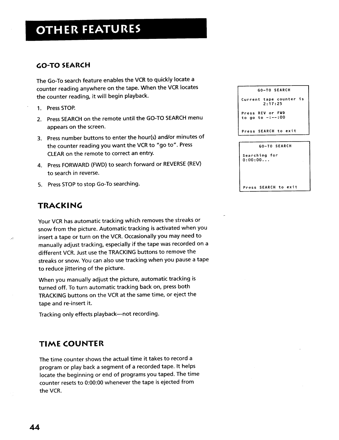 RCA VR628HF manual Tracking, Time Counter, GO-TO Search 