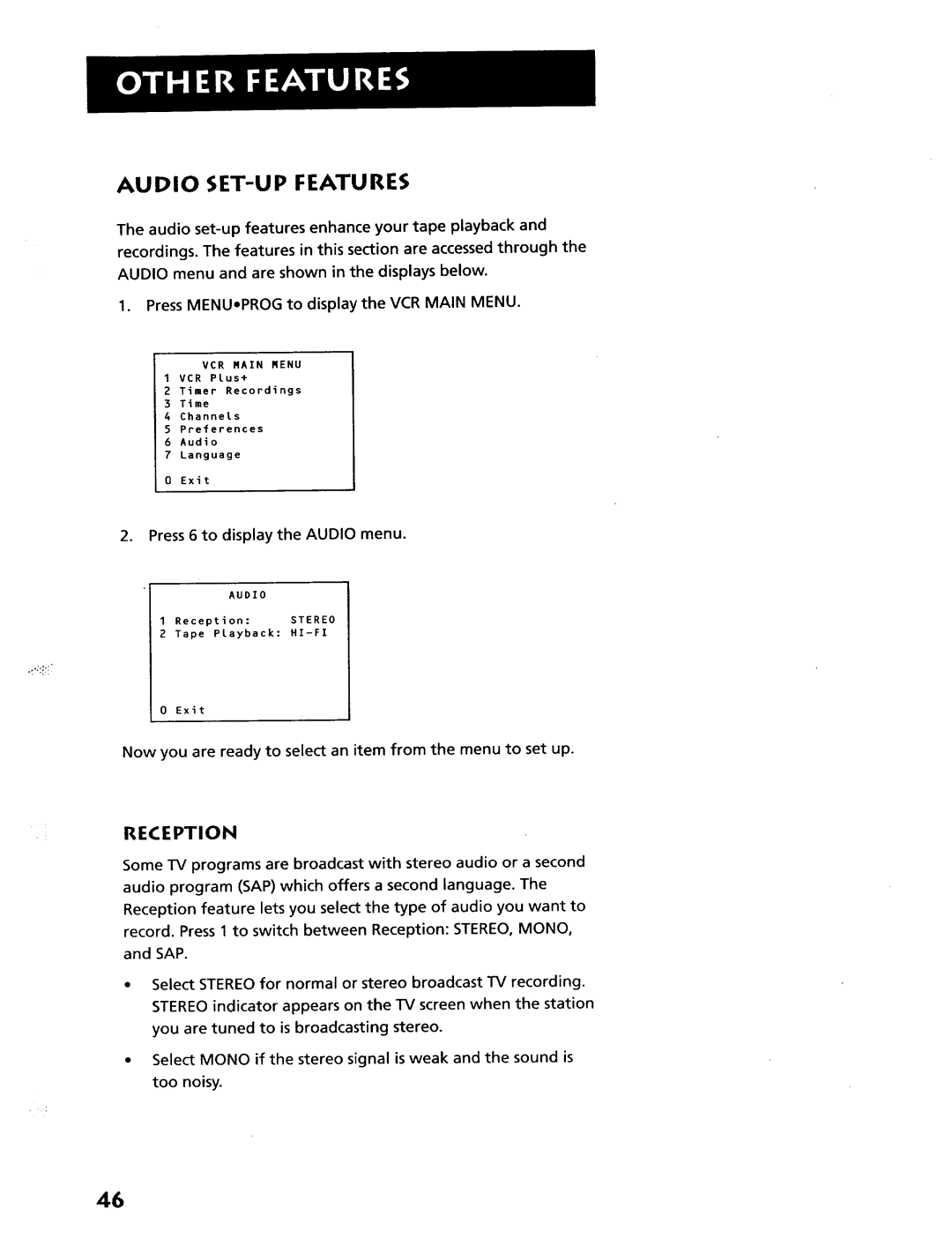 RCA VR628HF manual Audio SET-UP Features, Reception 