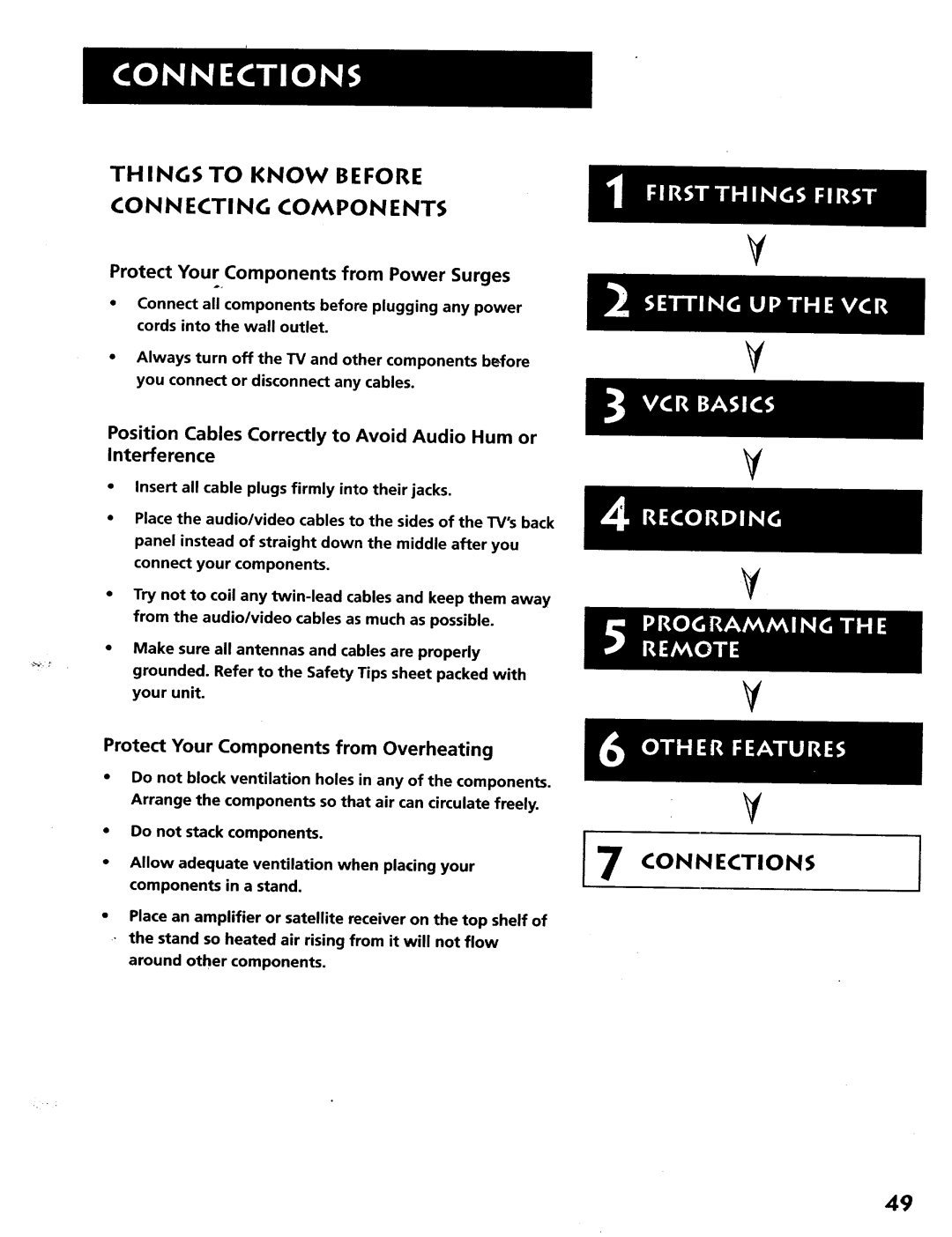 RCA VR628HF manual Things to Know Before Connecting Components, Connections, Protect Your Components from Overheating 