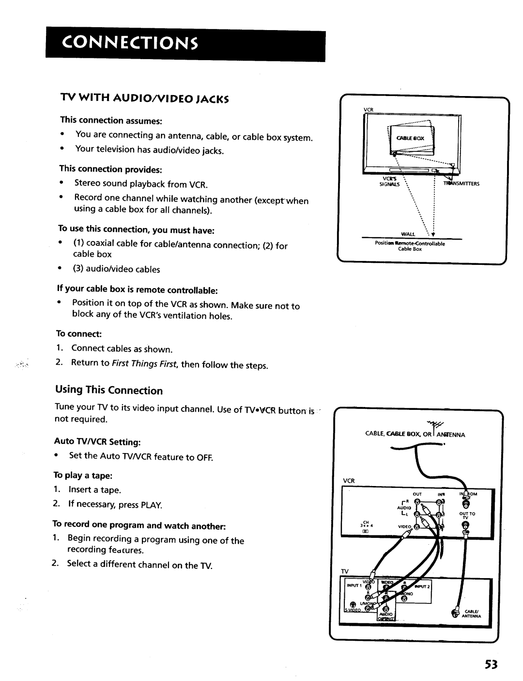 RCA VR628HF manual TV with AUDIO/VIDEO Jacks, Your television has audio/video jacks, Using This Connection 