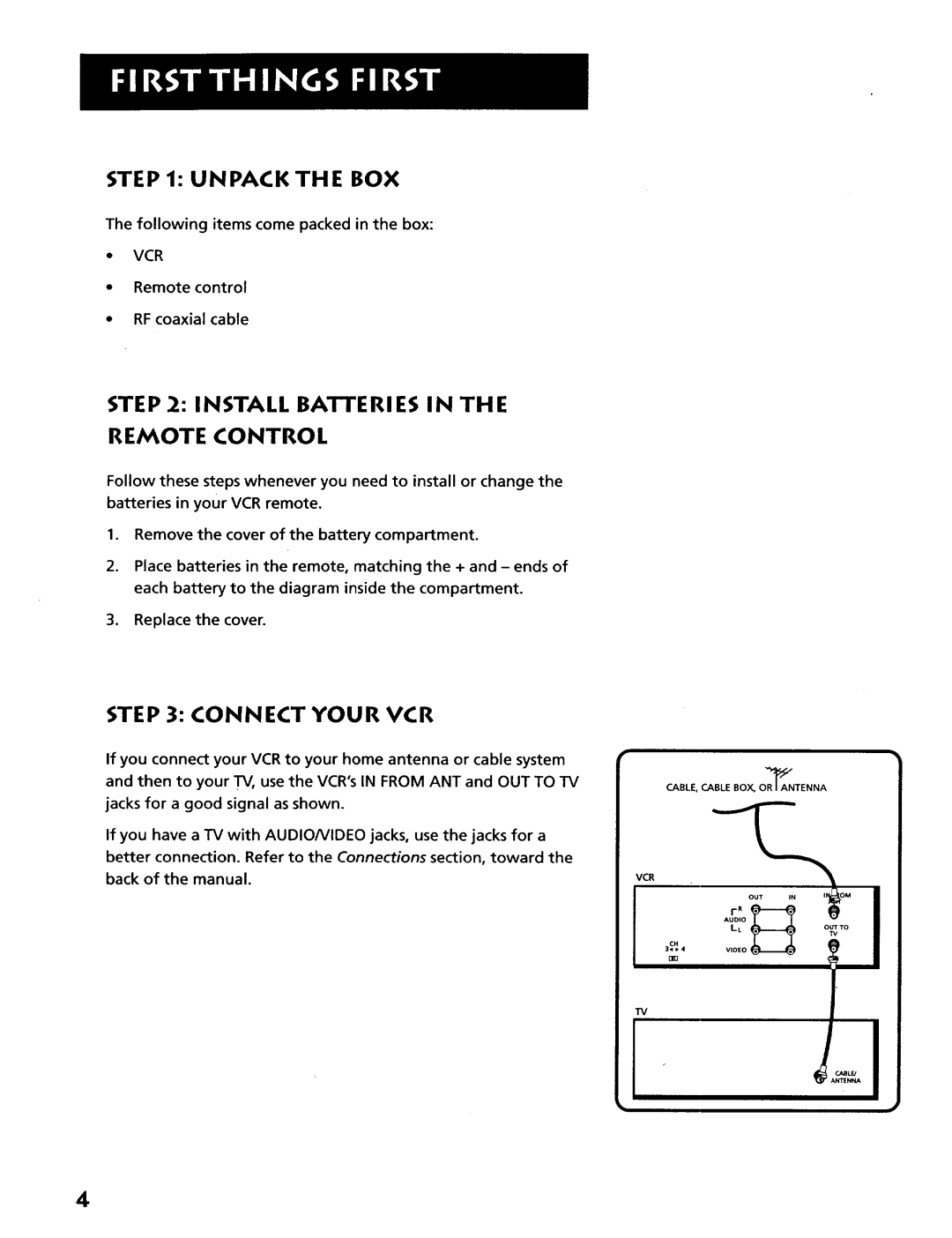 RCA VR628HF manual Unpack the BOX, Install BA1-FERIES Remote Control, Connect Your VCR 