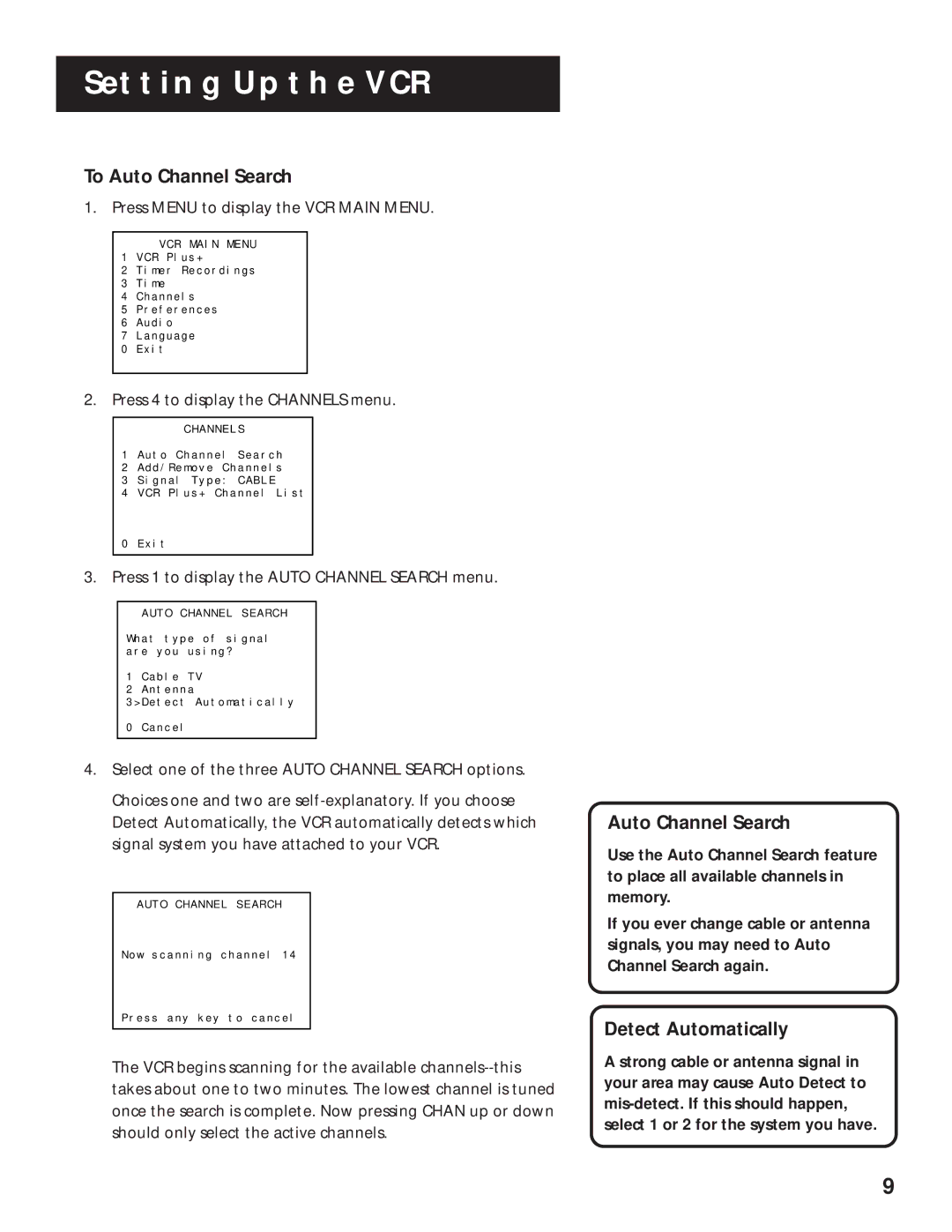 RCA VR629HF manual To Auto Channel Search, Detect Automatically 