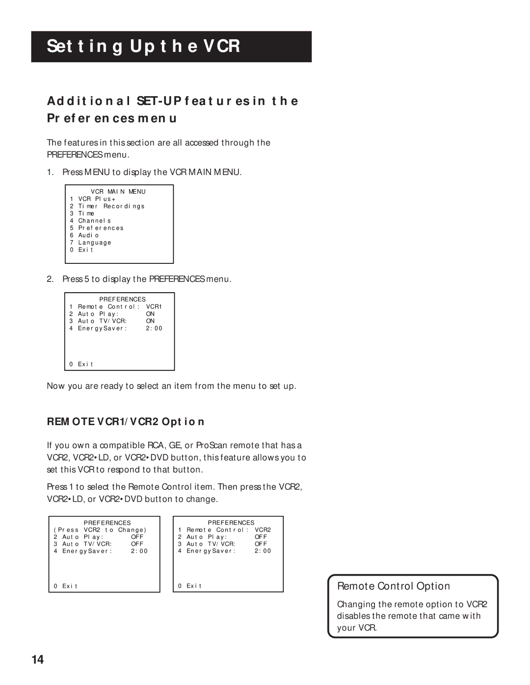 RCA VR629HF manual Additional SET-UP Features Preferences Menu, Remote VCR1/VCR2 Option, Remote Control Option 