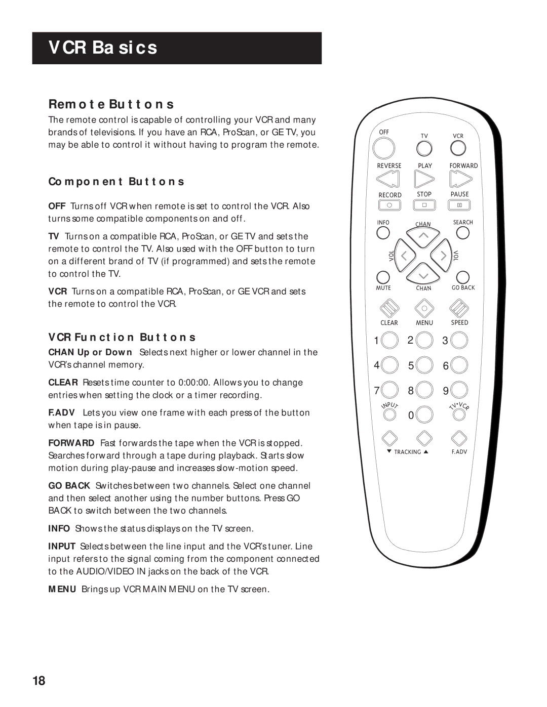 RCA VR629HF manual Remote Buttons, Component Buttons, VCR Function Buttons 