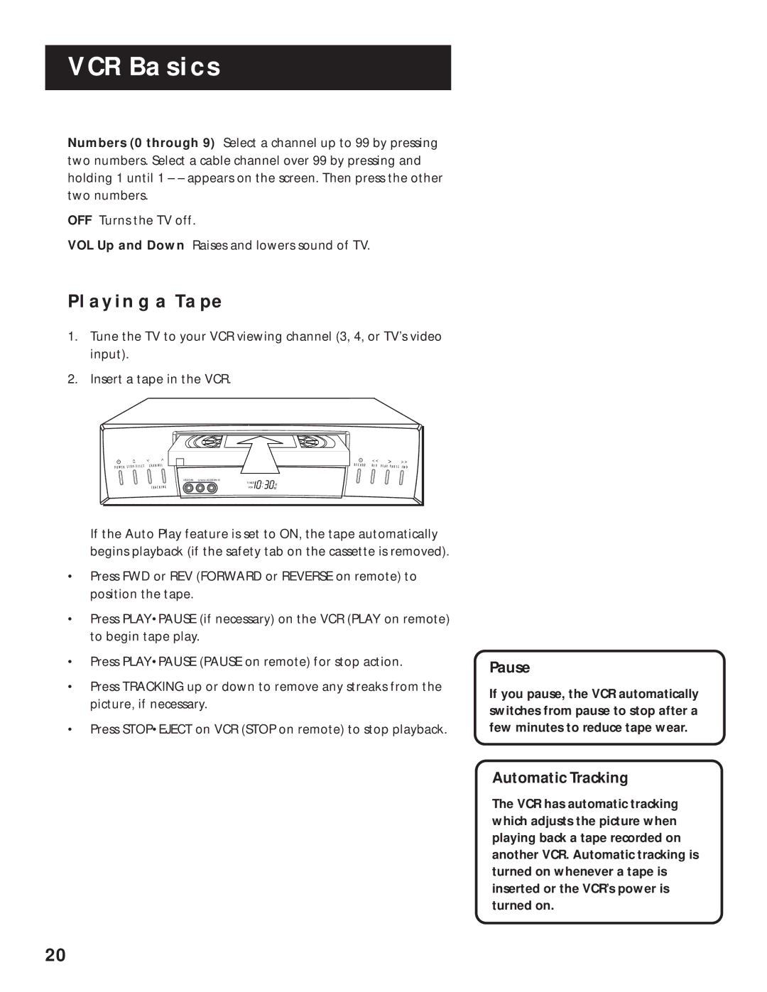 RCA VR629HF manual Playing a Tape, Pause, Automatic Tracking 