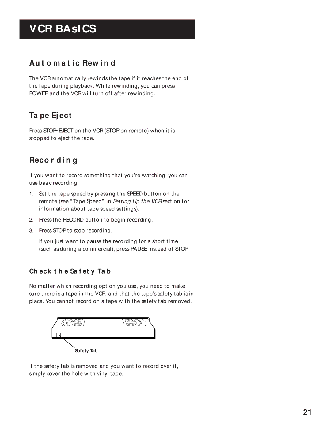 RCA VR629HF manual Automatic Rewind, Tape Eject, Recording, Check the Safety TAB 