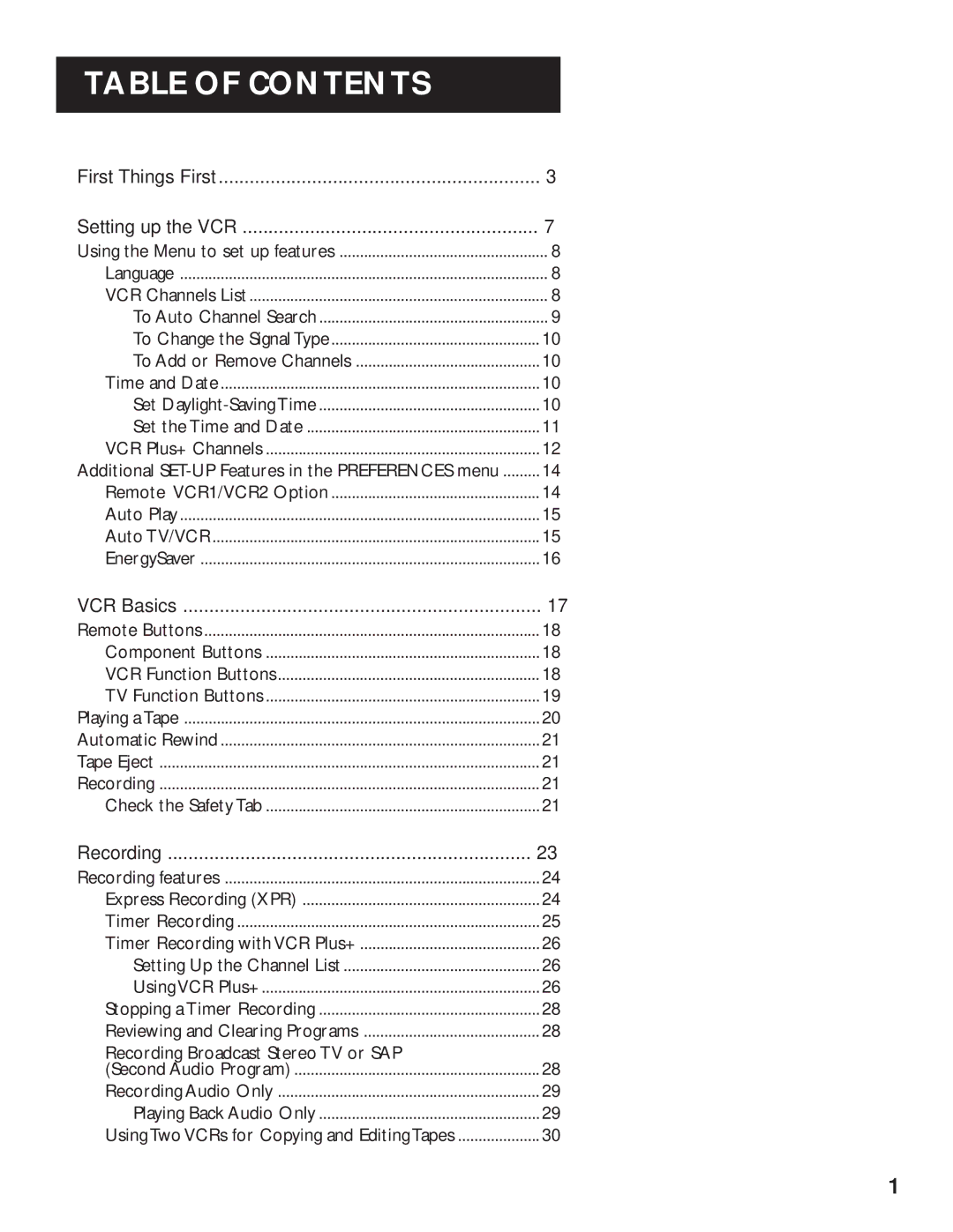 RCA VR629HF manual Table of Contents 