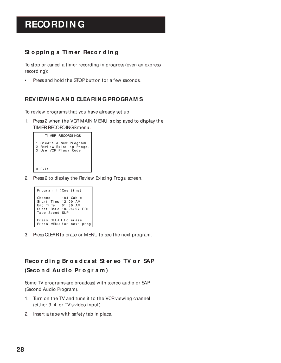 RCA VR629HF manual Stopping a Timer Recording, Reviewing and Clearing Programs 