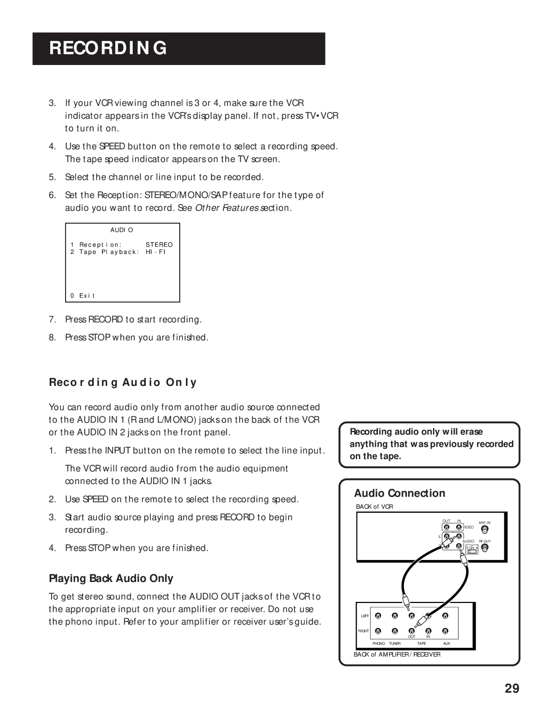 RCA VR629HF manual Recording Audio only, Audio Connection, Playing Back Audio Only 