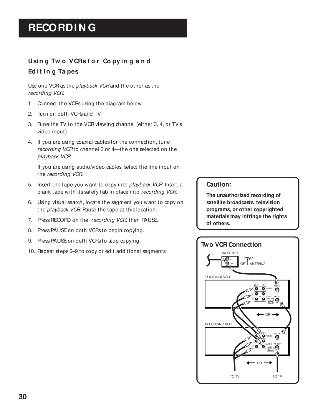 RCA VR629HF manual Using TWO Vcrs for Copying Editing Tapes, Two VCR Connection 