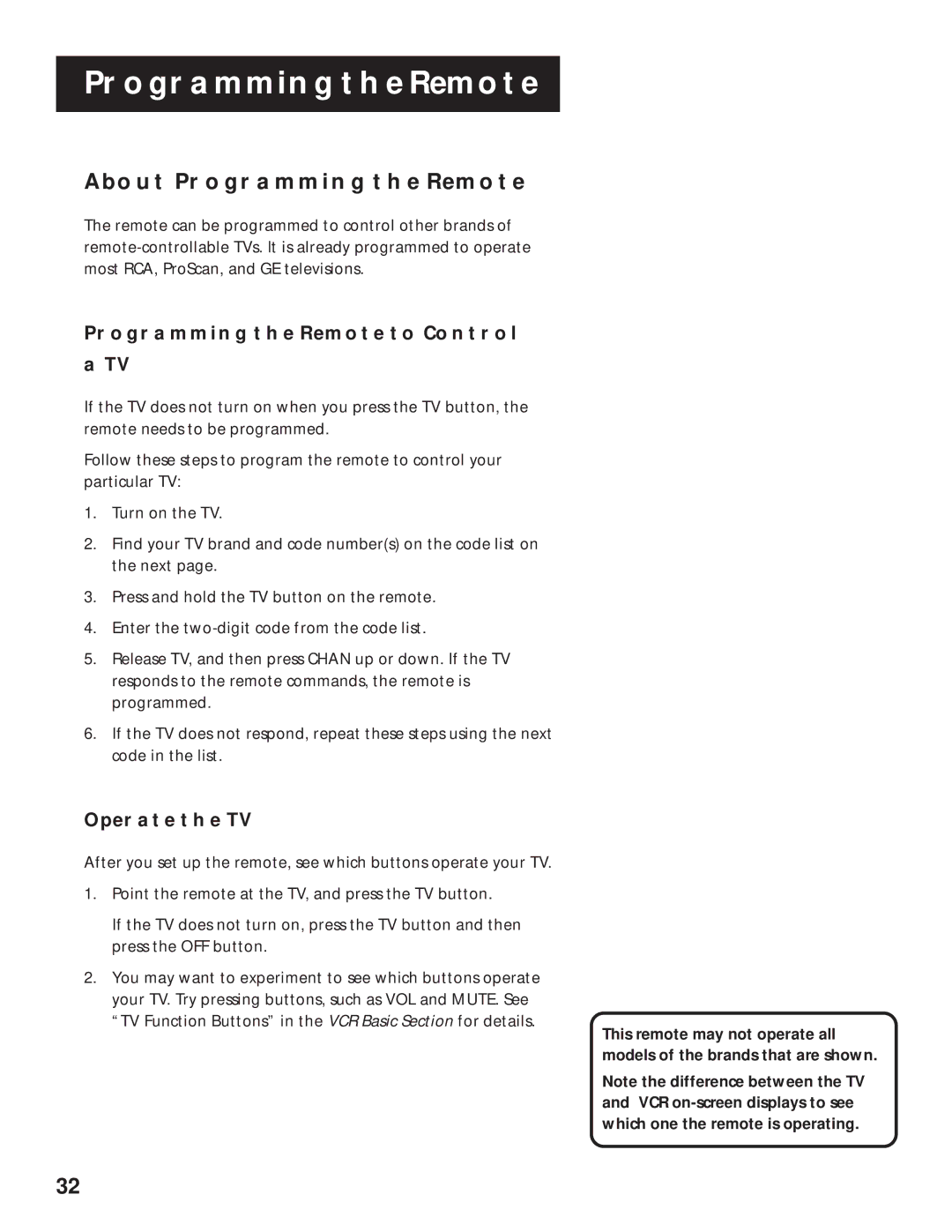 RCA VR629HF manual About Programming the Remote, Programming the Remote to Control, Operate the TV 